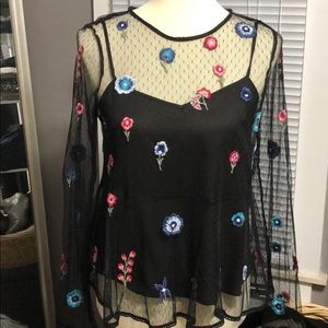 Zara Sheer Black lace embroidered top